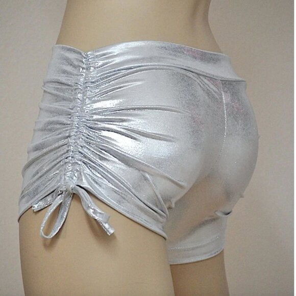 Silver Metallic Festival Yoga Shorts Mid Low Rise Swim Shorts Made in USA NEW - Picture 2 of 3